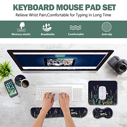 AIMSA Keyboard Wrist Rest Support + Mouse Pad + Mouse Wrist Rest + Coaster, Ergonomic Memory Foam Anti-Slip Rubber Base 4 PCS Set Easy Typing Pain Relief, Flowers Plants