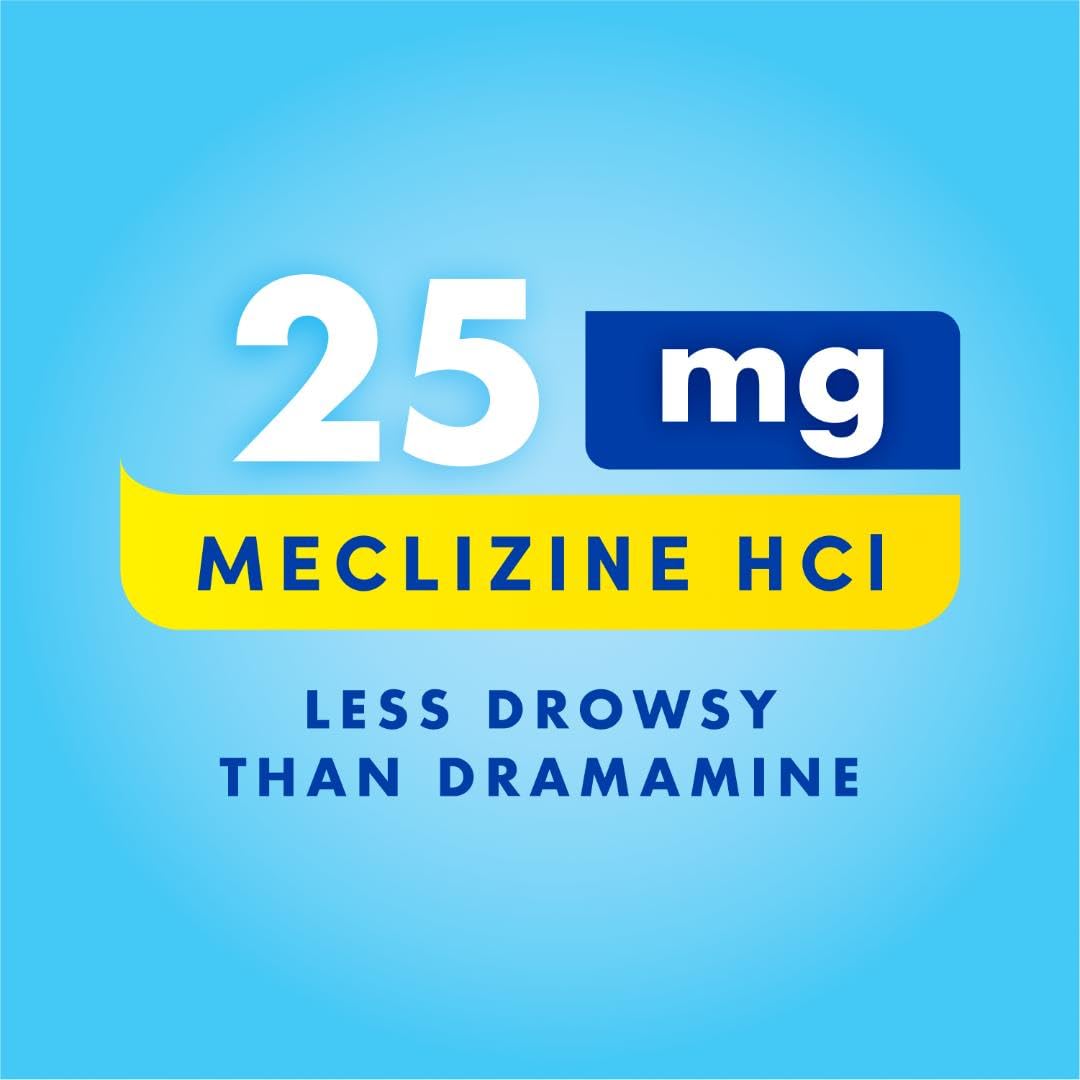 Non-Drowsy Bonine for Motion Sickness Relief, Sea Sickness, Car Sickness, Nausea, & Vomiting - Meclizine HCI 25mg, Travel-Sized - 16ct Raspberry Chewable Tablets (Packaging May Vary)