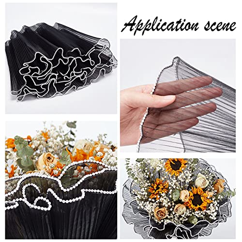 BENECREAT 4.37 Yards Black Flower Wrapping Mesh Paper, Pearl Edge Bouquet Packaging Paper Wrinkled Translucent for Wedding Decor, Florist Supplies Wedding Festival Gifts Packaging