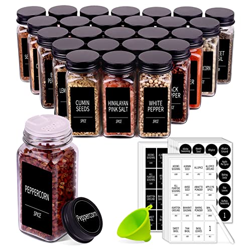 Churboro 25 Spice Jars with 547 Labels- Glass Spice Jars with Black Metal Caps, 4oz Empty Spice Containers with Shaker Lids, Funnel, Chalk Pen, Square Seasoning Bottles for Spice Rack, Drawer, Cabinet