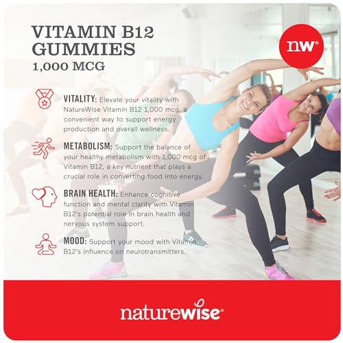 NatureWise Vitamin B12 Gummies for Adults, 1000 mcg - Strawberry Lemon Flavor - Supports Daily Energy, Mental Clarity, Cognitive Function - Vegan, Gluten-Free, Non-GMO - 180 Gummies[3-Month Supply]