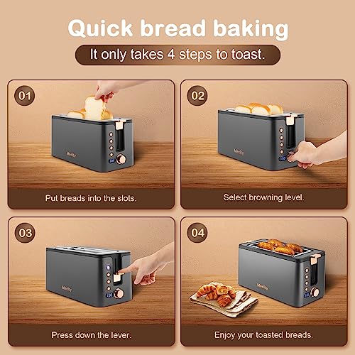 Mecity 4 Slice Toaster, Long Slot Toaster With Warming Rack, Bagel/Defrost/Reheat Functions,Warming Rack, Crumb Tray, 6 Browning Settings, Extra Wide Long Slots, Stainless Steel, 1300W,Grey