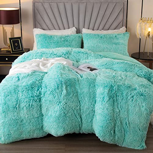 EMME Luxury Fuzzy Duvet Cover Set Twin Size Fluffy Comforter Cover Set for Twin Bed Shaggy and Plush Soft Bedding Duvet Covers (Aqua, Twin)