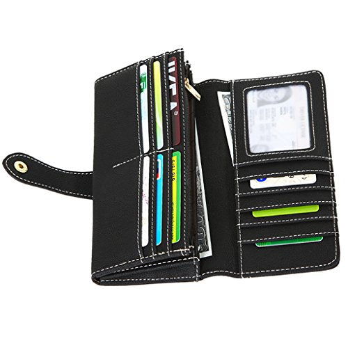 Cynure Women's Vegan Leather 17 Card Slots Card Holder Long Big Bifold Wallet,Black