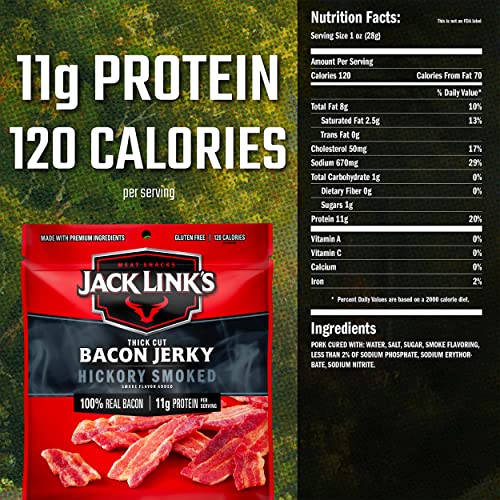 Jack Link's Bacon Jerky, Hickory Smoked, 2.5 oz. Bag - Flavorful Ready to Eat Meat Snack with 11g of Protein, Made with 100% Thick Cut, Real Bacon - Trans Fat Free (Packaging May Vary)