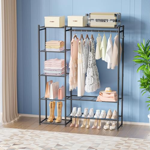 Wardrobe Closet, Portable Clothing Rack for Hanging Clothes, Free Standing Closet Organizers and Storage System with 4 Tiers Shelves for Cloakroom Bedroom, Black