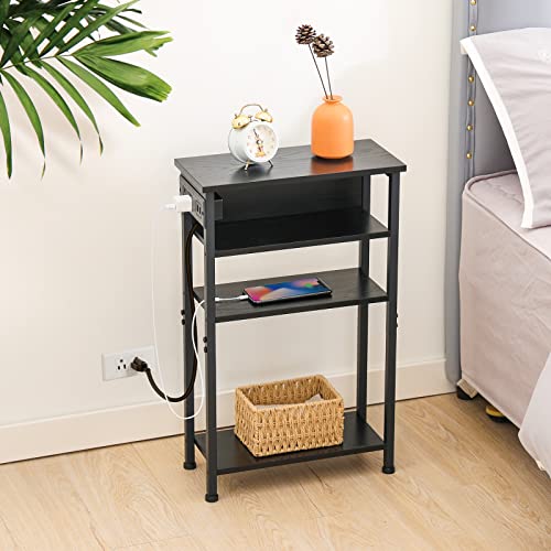 AMHANCIBLE Narrow Side Table with Charging Station, End Table for Small Spaces, Skinny Nightstand with Storage Shelf, Narrow End Table with USB Ports, Black HETN04BK