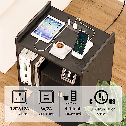 Gannyfer Nightstand with Charging Station,Night Stand with USB Ports and Storage Drawer,Modern 3-Tier End Side Table,Small Wood Bedside Table for Bedroom,Living Room,Black