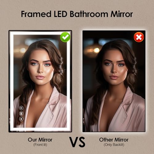 YOOSHINE LED Bathroom Mirror Metal Frame with Lights 24x32 Front and Backlit Lighted Vanity Mirrors for Wall Mounted Dimmable Anti-Fog Memory Function Tempered Glass Horizontal Vertical