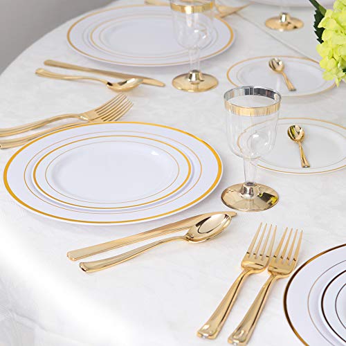 WDF 120 pieces Gold Disposable Plastic Plates - White and Gold Plates Include 10.25" Dinner Plates & 7.5" Salad Plates for Weddings and Party