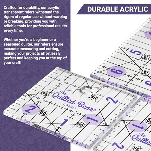 The Quilted Bear Quilting Rulers - Transparent Acrylic Non Slip Quilting, Patchwork & Sewing Ruler with Clear Black Lines & 30, 45 & 60 Degree Angles (2" x 12")