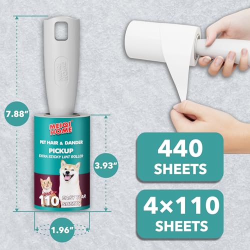 MEIQIHOME Lint Rollers for Pet Hair Extra Sticky, 440 Sheets Value Set Lint Roller with 2 Upgraded Handles, 4 Rollers Portable Pet Lint Remover for Clothes, Furniture, Carpet, Dog & Cat Hair Removal