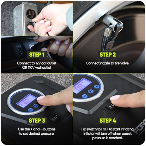 FORTEM Tire Inflator 150 PSI, Bike Pump, 110V AC 12V DC Air Pump for Car Tires, Digital Tire Pressure Gauge w/Auto Pump/Shut Off, Carrying Case (Black)