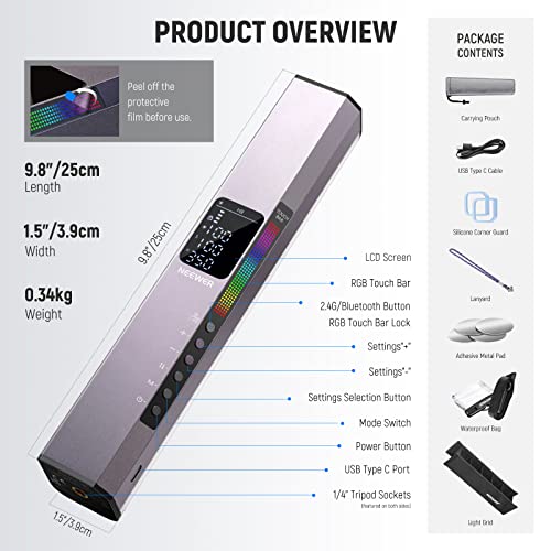 NEEWER RGB LED Video Light Stick, Touch Bar&APP Control, Magnetic Handheld Photography Lighting Wand, Dimmable 3200K~5600K CRI98+ Full Color LED Light with 6400mAh Battery, 17 Scenes, RGB1 (Rose Gold)