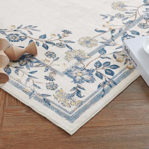 jinchan Area Rug 2x3 Washable Rug Indoor Entryway Doormat Floral Vintage Elegant Luxury Garland Print Floor Soft Thin Rug Non Slip Carpet for Living Room Bedroom Kitchen Bathroom Decor Ivory Blue