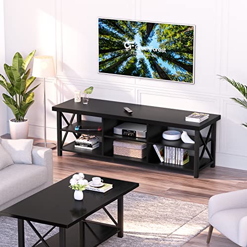 GreenForest TV Stand for TV up to 65 inches, Entertainment Center with 6 Storage Cabinet for Living Room, 55 inch Farmhouse Television Stands Console Table, Industrial TV stands for Living Room, Black