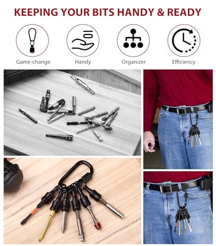 6pc Portable Bit holder Keychain, 1/4in Hex Shank Black Screwdriver Bit Clip for Impact Driver Flexible Drill Bit Extension Nut Driver W/ Carabiner, Quick Release Lightweight Drill Screw Adapter