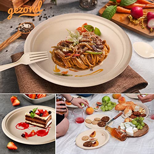 Gezond 250Pcs Disposable Paper Plates Set, Compostable Plate Sugarcane Utensils Eco Friendly Dinnerware Kit Includes 50 Biodegradable Plates, Forks, Knives and Spoons for Brithday Party Camping