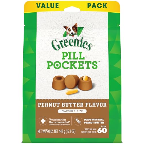 GREENIES PILL POCKETS for Dogs Capsule Size Natural Soft Dog Treats with Real Peanut Butter, 15.8 oz. Pack (60 Treats)