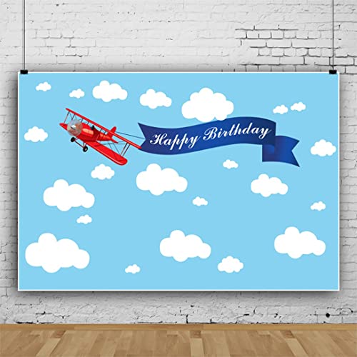 Baocicco 5x3ft Happy Birthday Red Plane Backdrop Cartoon Plan Blue Sky White Cloud Happy Birthday Photography Background Birthday Party Backdrop Boy Girl Photo Portraits Studio Video Props Booth