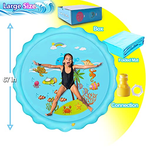 Water Splash Pad for Kids, 67'' Big Splash Pad, Dog Splash Pad Baby Sprinkler Pad Large for Dogs Splash Mat Sprinkle and Play Pads Pool for 3 4-8 10-12 Year Olds for Outdoor Backyard, Light Blue