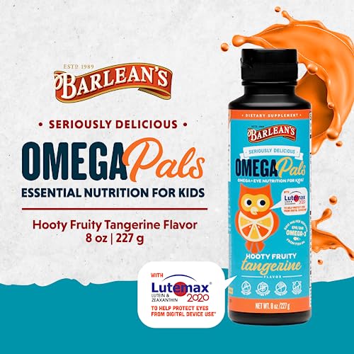 Barlean's Omega Pals Eye Health Liquid, Tangerine Flavored Omega 3 for Kids, Fish Oil Supplement with 500 mg of EPA & DHA Plus Lutein & Zeaxanthin Vitamins for Blue Light Support, 8 oz