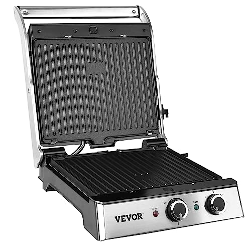 VEVOR Electric Contact Grills, 1500W Indoor Countertop Panini Press, Sandwich Maker with Non Stick,2 Reversible Iron Cooking Plates,0-446℉ Adjustable Temperature Control,Timer Function,120V