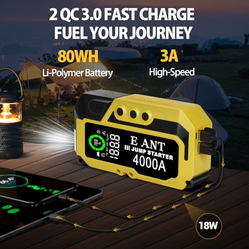 E-Ant Car Jump Starter with Air Compressor(10L Gas/8L Diesel), 4000A Peak 12v Auto Battery Jump Pack, Power Bank USB QC3.0 Outputs Portable Battery Booster Pack Jumper Box Tire inflator 150PSI, Yellow