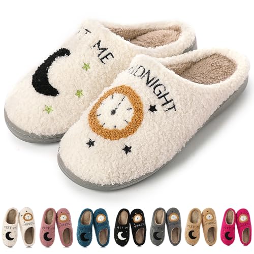 Cysincos House Slippers for Women and Men Unisex Cozy Warm Winter Plush Slides Slip-on Fuzzy Slippers Midnight White Size 5.5