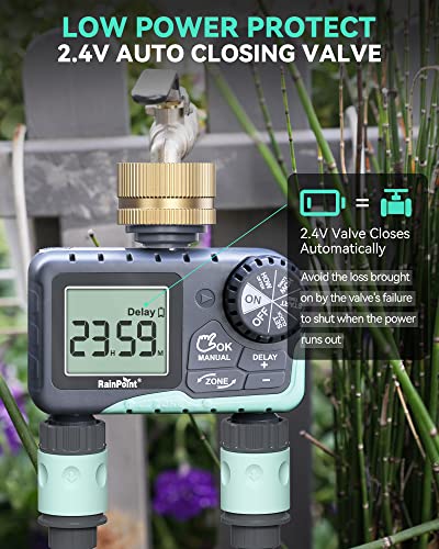 RAINPOINT Water Timer for Garden Hose - Sprinkler Timer with Brass Swivel - Rain Delay/Manual Watering/Automatic Irrigation Controller System Hose Timer Programmable Faucet Timer for Yard, 2 Outlet