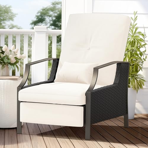 JEAREY Outdoor Recliner Chair,PE Wicker Patio Lounge Chairs with Extended Footrest,Indoor Adjustable Reclining Patio Chairs with Pillow for Pool,Backyard,Living Room,Bedroom,Cream White