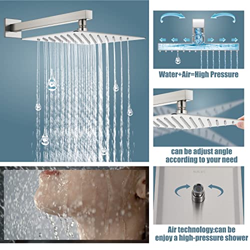 Aolemi Brushed Nickel Shower System 10 Inch Wall Mount Rainfall Shower Head with Slid Bar 3 Functions ABS Handheld Spray Rough-in Valve and Shower Trim Included Bathroom Shower Faucet Mixer