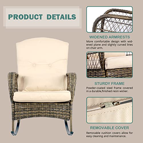 SENSWEET Wicker Rocking Chairs Set of 2, Rattan Patio Rocking Chairs, All-Weather Rocker Lawn Wicker Furniture for Porch Deck Garden Backyard(Beige)