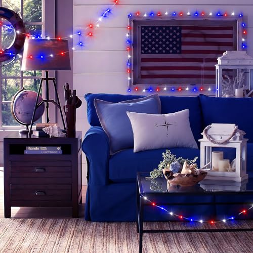 Heceltt 23FT 4th of July Decorations Red White and Blue Fairy Lights 69LED Battery Operated with Touch Patriotic Lights for Bedroom, Independence Day Decorations