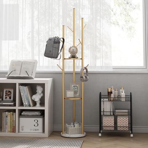 TIEOU Metal Coat Rack, Gold Coat Racks Freestanding with Shelves and Marble Base, Coat Tree with 9 Hooks for Scarves, Bags, Modern Coat Rack Stand for Entryway, Living Room, Bedroom, Easy Assembly