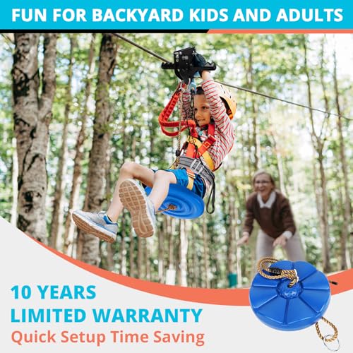 HOKINETY Zip Line Kit for Kids Adults : 76FT Up to 450Lbs - Quick Setup Zipline for Backyard Outdoor with 100% Rust Proof Removable Trolley Ratchet System Swing Seat Safety Belt Spring Brake