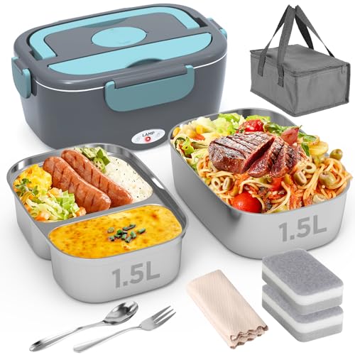 Geveniss Electric Lunch Box Food Heater - 80W Fast Heating Lunch Box (12V/24V/110V) - Dual 1.5L SS Containers - Portable Food Warmer for Car, Truck, Office, Travel Use - Ideal for Men, Women, Adults