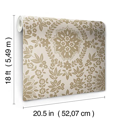 RoomMates RMK12572PL Taupe and Gold Boho Baroque Damask Peel and Stick Wallpaper, Neutral