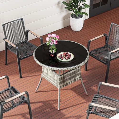 YITAHOME 31.5" Patio Table for 4-Person, Outdoor Patio Wicker Round Dining Table, All-Weather Rattan Bistro Dining Table w/Glass Tabletop for Backyard Deck Porch Poolside, Gray