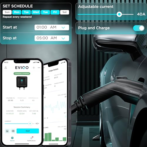 EVIQO Level 2 EV Charger - Smart EV Chargers - 48 Amp Home EVSE - WiFi EV Level 2 Charger - Level 2 Charger NEMA 14-50 or Hardwire - 25ft Cable EV Charger Level 2, Electric Car Charger Energy Star/UL
