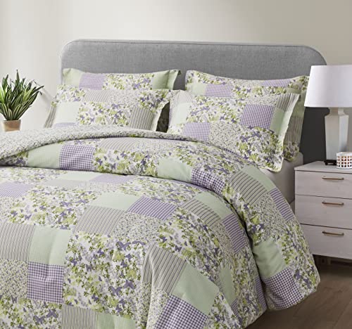 Chezmoi Collection Daisy 2-Piece Printed Patchwork Comforter Set - Purple Butterfly Botanical Candy Stripe Checkered - Microfiber Lightweight Reversible Bedding, Twin Size