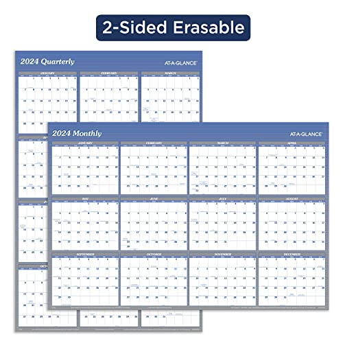 AT-A-GLANCE 2024 Wall Calendar, Dry Erase Monthly Wall Planner, 12 Month, 48" x 32", Extra Large, Vertical/Horizontal, Reversible, Blue (A1152-24)