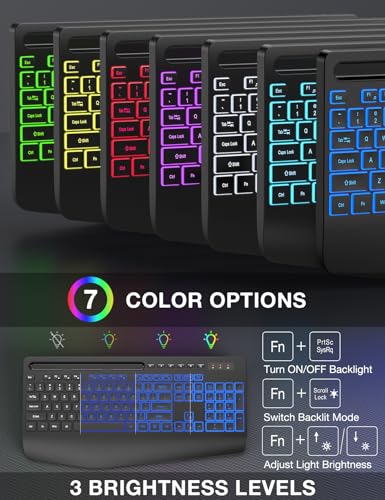 SABLUTE Wireless Keyboard with 9 Backlit Effects, Wrist Rest, Phone Holder, 2.4G Lag-Free Ergonomic Keyboards, Rechargeable Silent Cordless, for Computer, Laptop, Windows, Work, School (Keyboard Only)