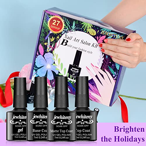 JEWHITENY 30PCS Nail Polish Kit 27 Colors Green Blue Pink Orange Gitter Sock Off Gel Polish with Matte& Glossy Top Base Coat for DIY Nail Art Manucure at Home Salon