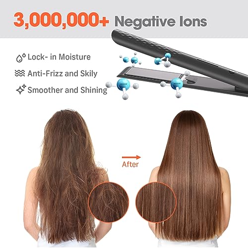 Quico Hair Straightener, Professional Negative Ion Flat Iron Hair Straightener, 15s Fast Heating, Temp Memory, 320℉-450℉, 110-240V, Auto-Off, with Glove and Clips, Gift, Black