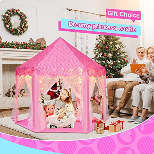 Monobeach Princess Castle Play Tent for Girls - Large 55'' x 53'' Playhouse with Star Lights for Indoor and Outdoor Play