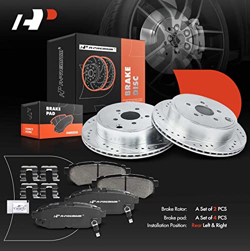 A-Premium 11.42 inch (290mm) Rear Drilled and Slotted Disc Brake Rotors + Ceramic Pads Kit Compatible with Select Scion and Subaru Models - FR-S 13-16, BRZ 13-17, Legacy 10-13, Outback 10-14