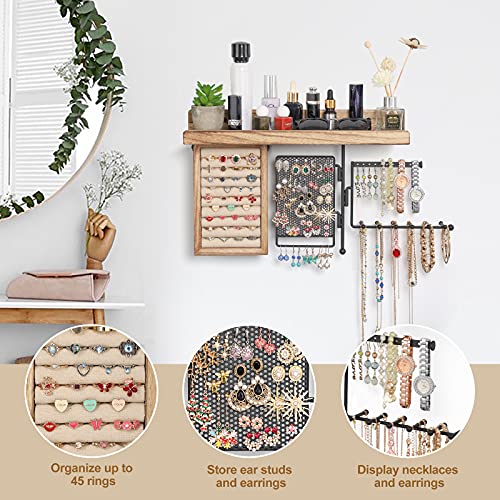 SOLIMINTR Hanging Jewelry Organizer Wall Mount with Rustic Wood Shelf, Ring Display Box, Ear Studs Earring Holder, Rotating Necklace Holder Organizer