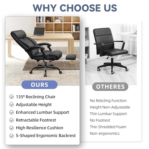 Office Chair, Big and Tall Office Chair, Reclining Office Chair with Footrest Home Office Desk Chairs, High Back Ergonomic Office Chair with Lumbar Support, Executive Leather Office Desk Chair