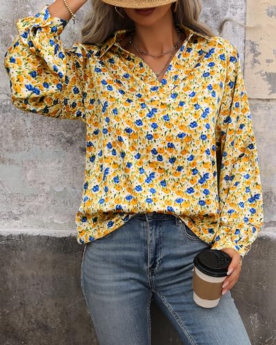 BTFBM Women's Spring Summer Blouse Tops 2024 V Neck Lantern Long Sleeve Floral Boho Loose Casual Blouses Vacation Shirt(Floral Pink Yellow, Large)